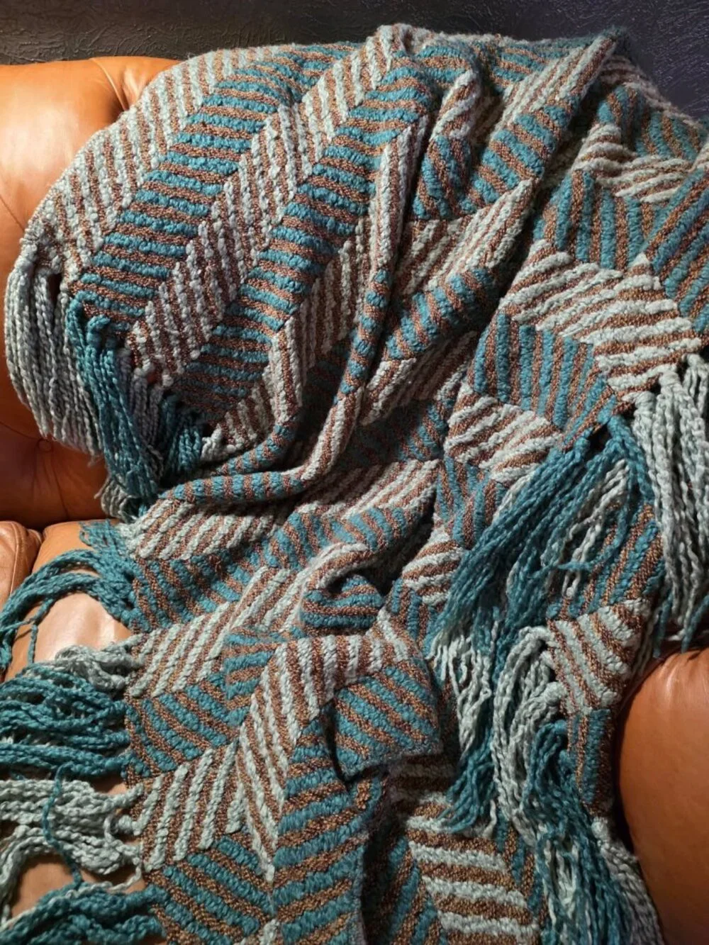 Pier 1 Teal Turquoise Chunky Knit Throw Blanket Fringe Trim Oversized Cozy